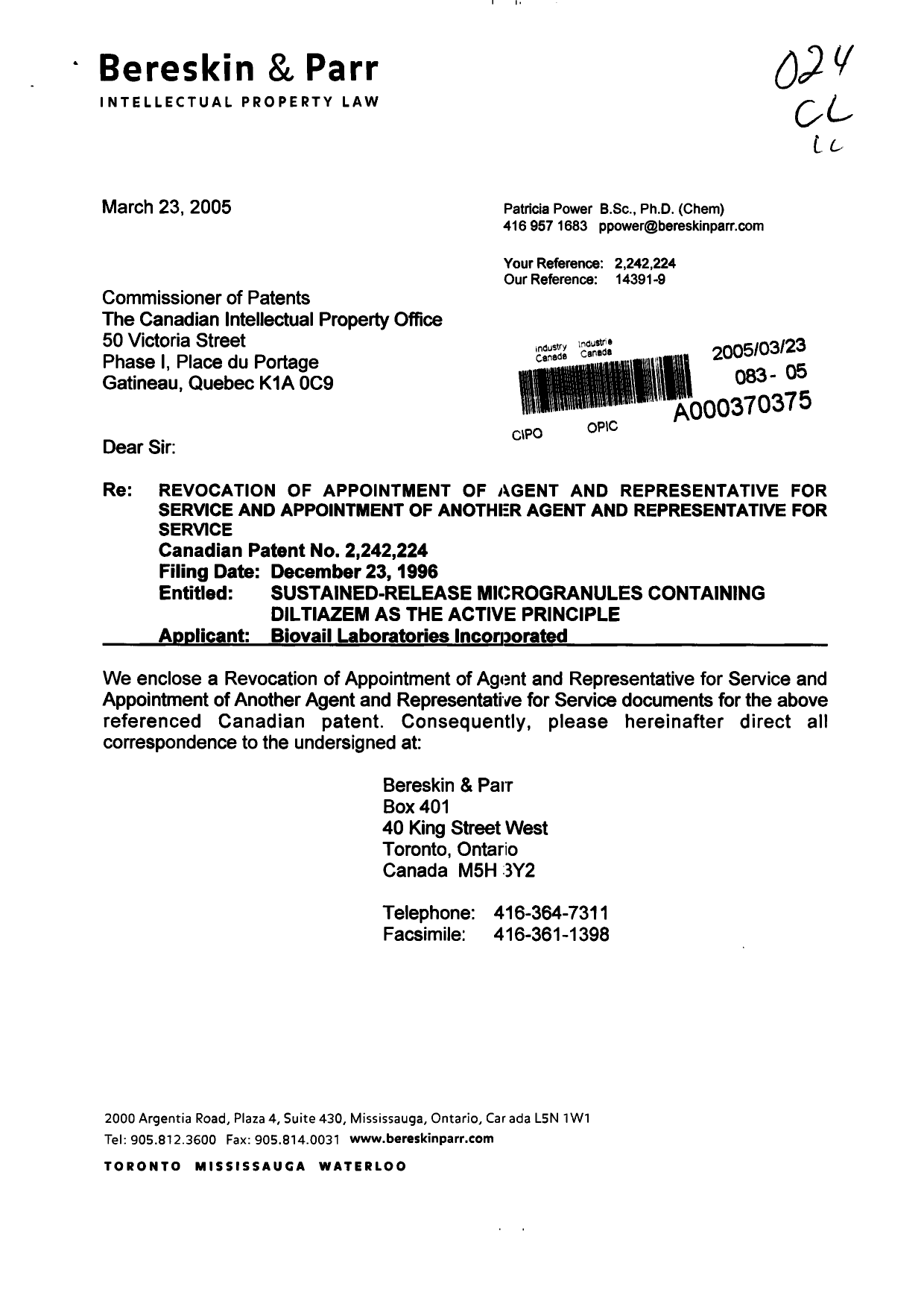 Document de brevet canadien 2242224. Correspondance 20041223. Image 1 de 3