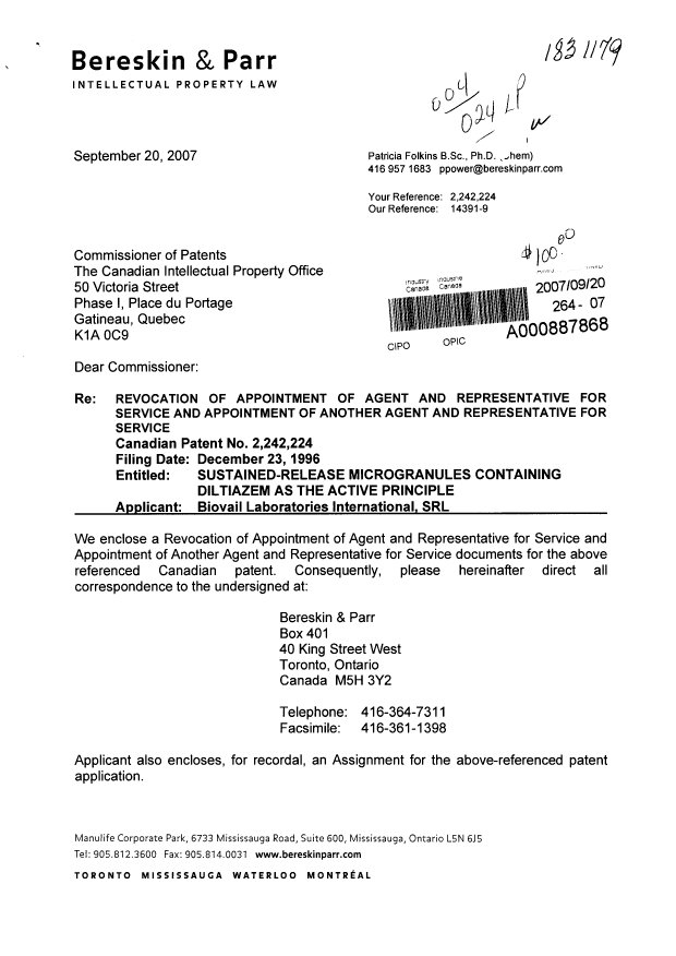 Canadian Patent Document 2242224. Assignment 20061220. Image 1 of 5