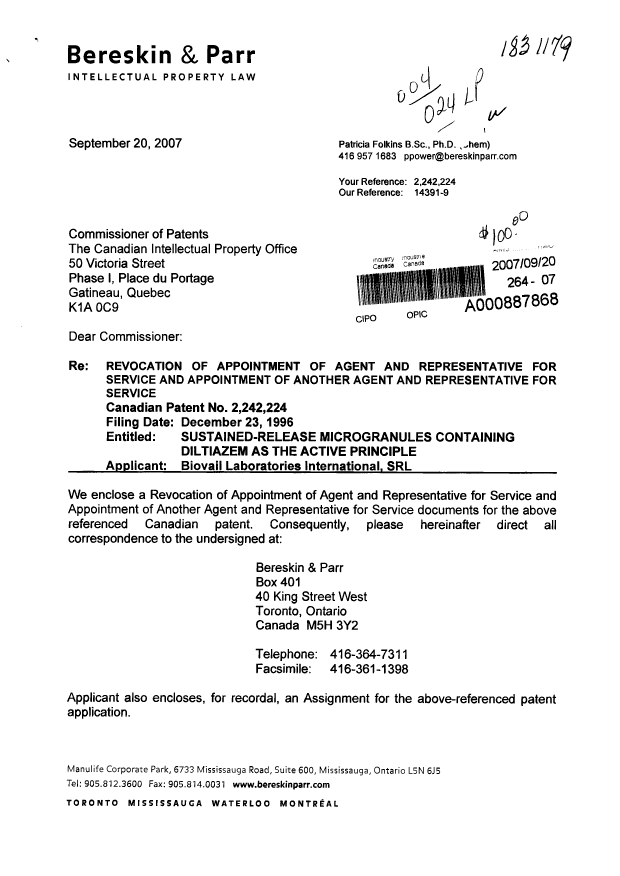 Document de brevet canadien 2242224. Correspondance 20061220. Image 1 de 3