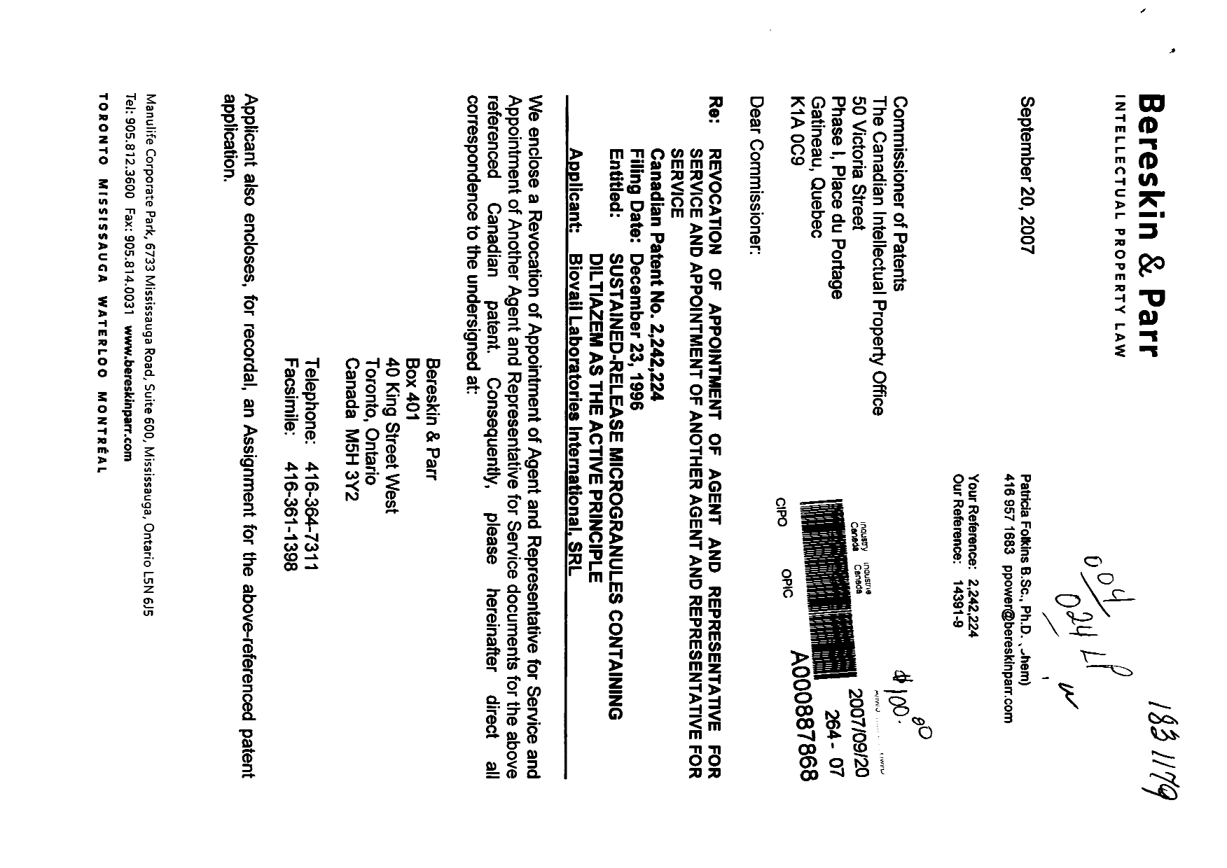 Document de brevet canadien 2242224. Correspondance 20061220. Image 1 de 3