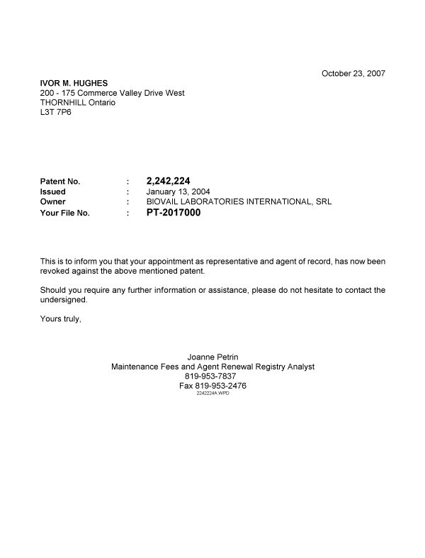 Document de brevet canadien 2242224. Correspondance 20061223. Image 1 de 1