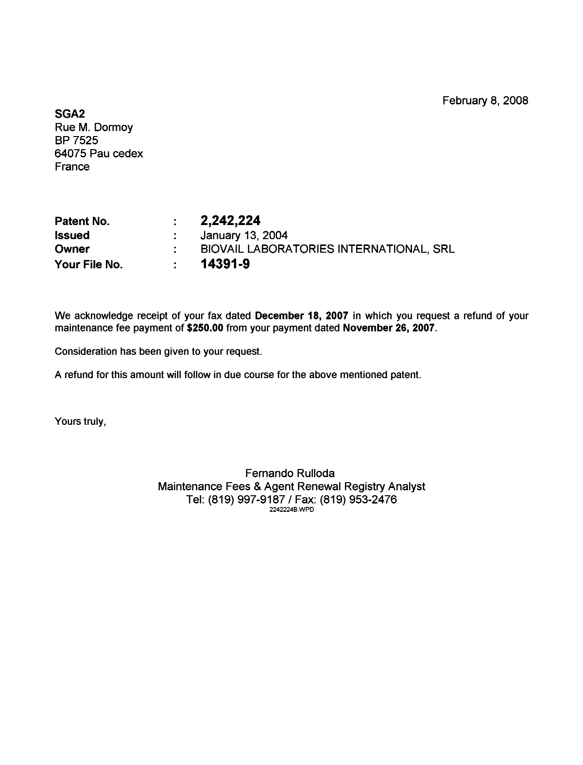 Canadian Patent Document 2242224. Correspondence 20071208. Image 1 of 1