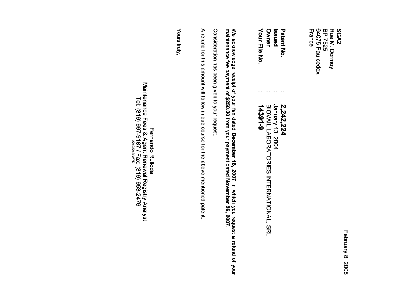Document de brevet canadien 2242224. Correspondance 20071208. Image 1 de 1