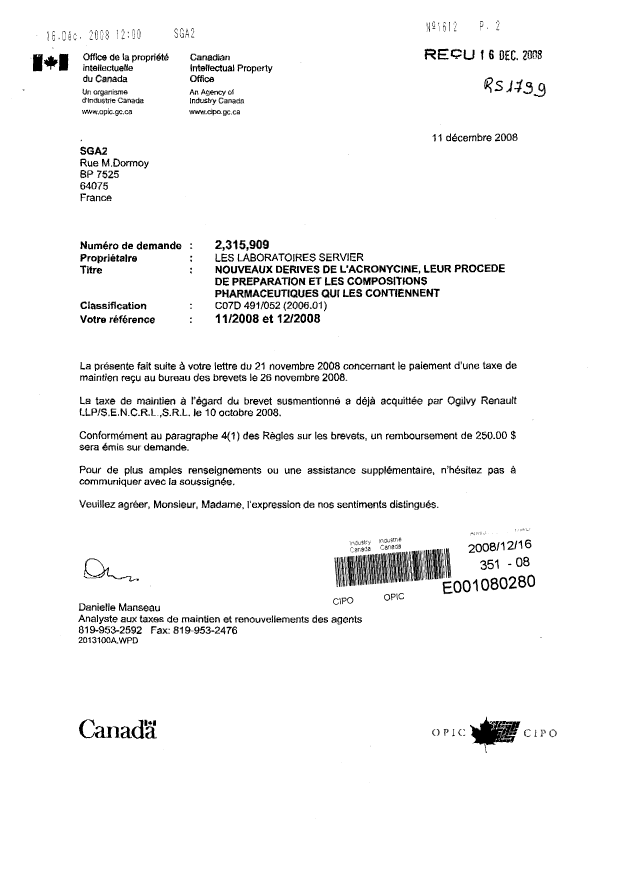 Document de brevet canadien 2242224. Correspondance 20071216. Image 2 de 3
