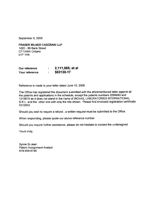 Document de brevet canadien 2242224. Correspondance 20090909. Image 1 de 11