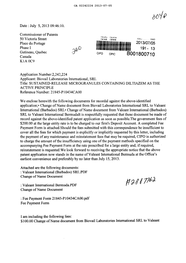 Document de brevet canadien 2242224. Cession 20121205. Image 1 de 9
