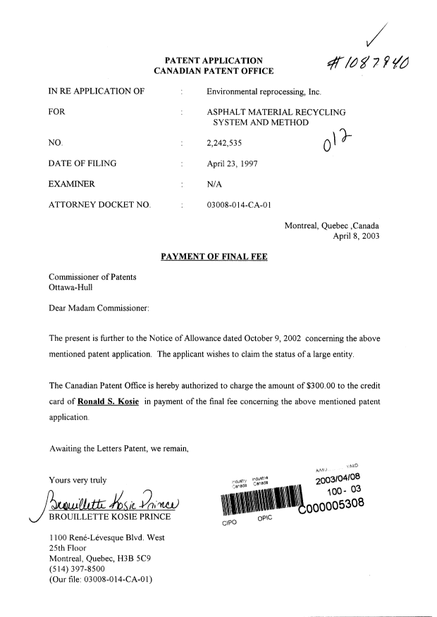 Canadian Patent Document 2242535. Correspondence 20030408. Image 1 of 1