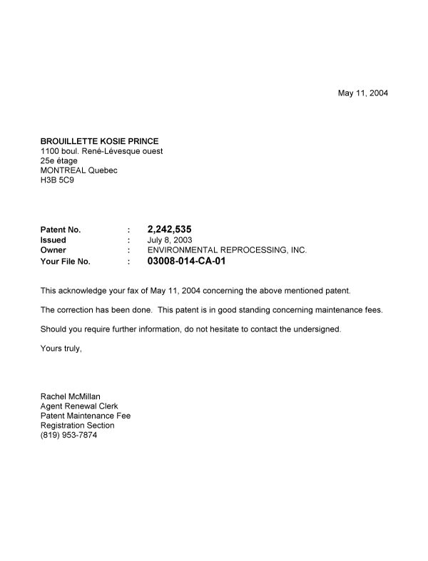 Canadian Patent Document 2242535. Correspondence 20040511. Image 1 of 1