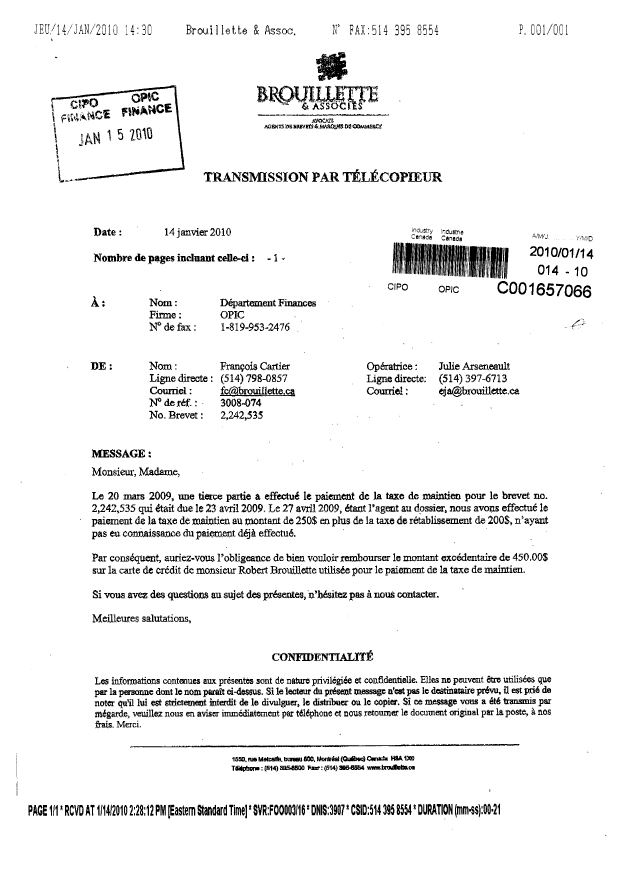 Canadian Patent Document 2242535. Correspondence 20100114. Image 1 of 1
