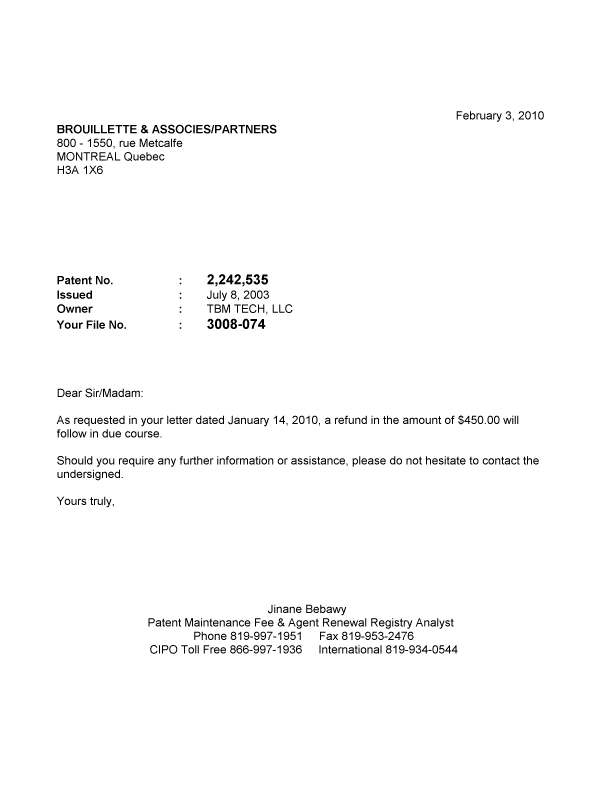 Canadian Patent Document 2242535. Correspondence 20100203. Image 1 of 1