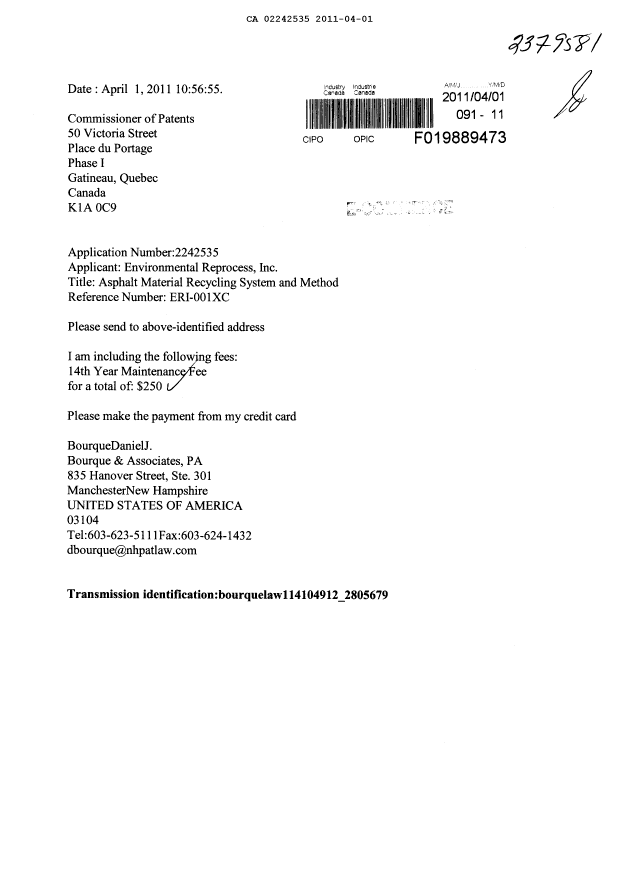 Canadian Patent Document 2242535. Fees 20110401. Image 1 of 1