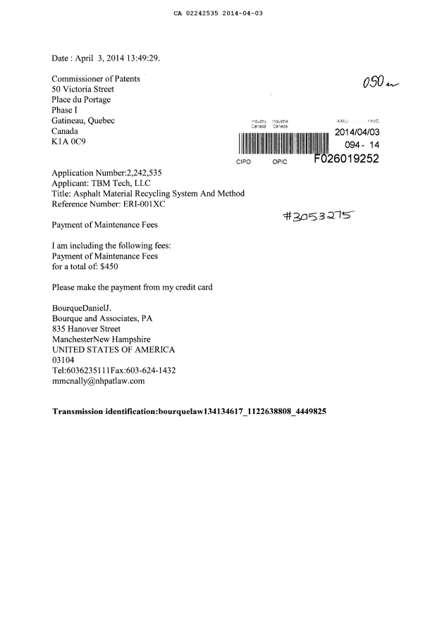 Canadian Patent Document 2242535. Fees 20140403. Image 1 of 1