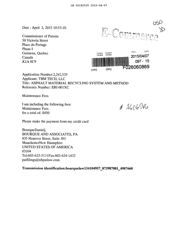 Canadian Patent Document 2242535. Fees 20150407. Image 1 of 1