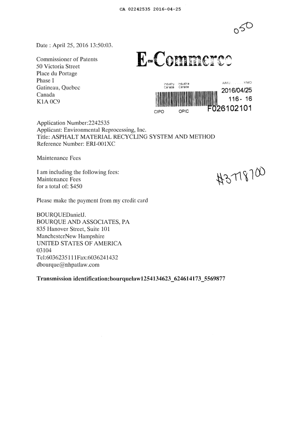 Canadian Patent Document 2242535. Maintenance Fee Payment 20160425. Image 1 of 1