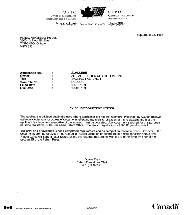Document de brevet canadien 2242565. Correspondance 19980922. Image 1 de 1