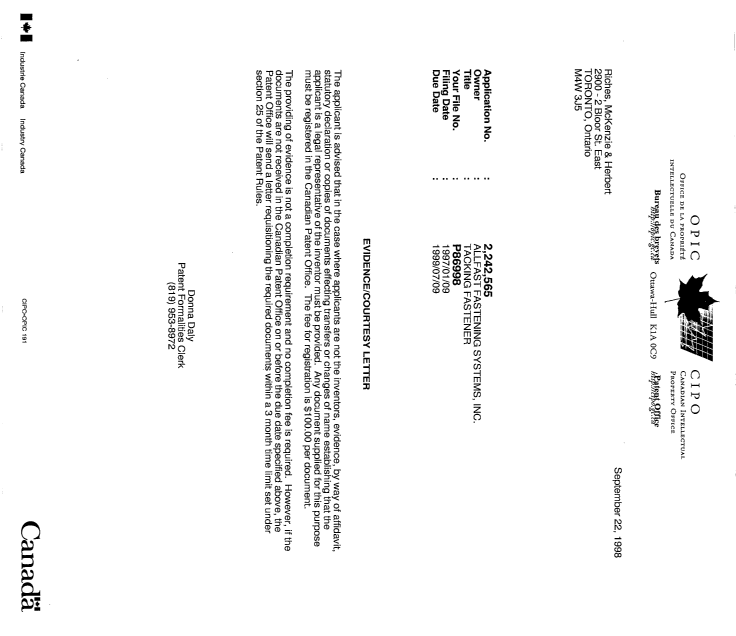 Canadian Patent Document 2242565. Correspondence 19980922. Image 1 of 1