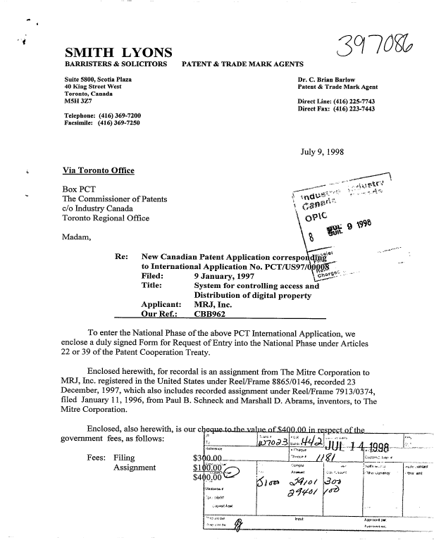 Document de brevet canadien 2242596. Cession 19980709. Image 1 de 7