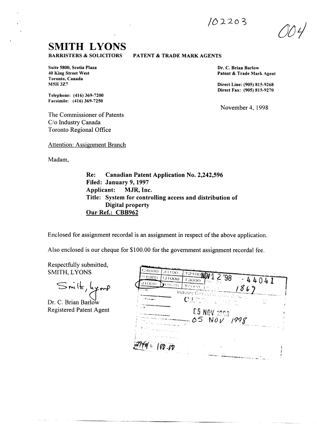 Document de brevet canadien 2242596. Cession 19981105. Image 1 de 6