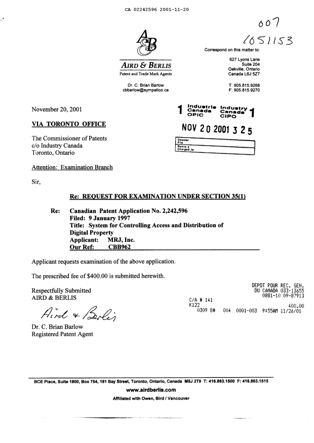 Document de brevet canadien 2242596. Poursuite-Amendment 20011120. Image 1 de 1