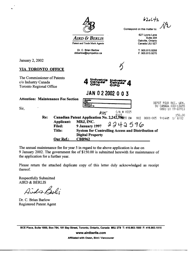 Document de brevet canadien 2242596. Taxes 20020102. Image 1 de 1