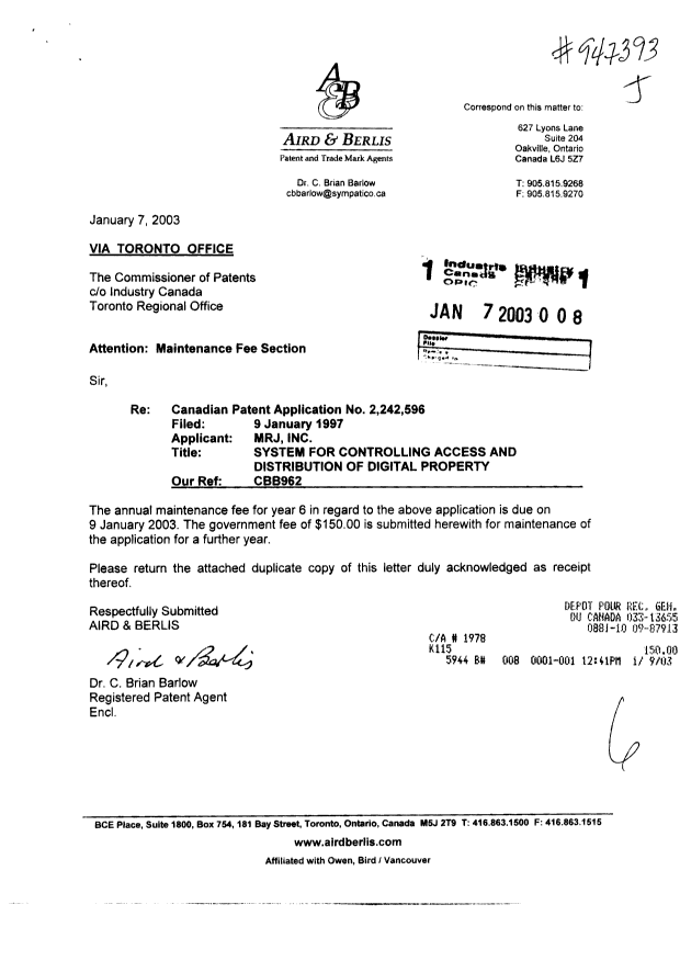 Document de brevet canadien 2242596. Taxes 20030107. Image 1 de 1