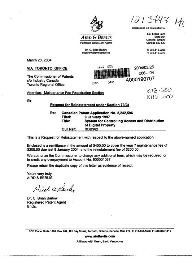 Document de brevet canadien 2242596. Taxes 20040325. Image 1 de 1