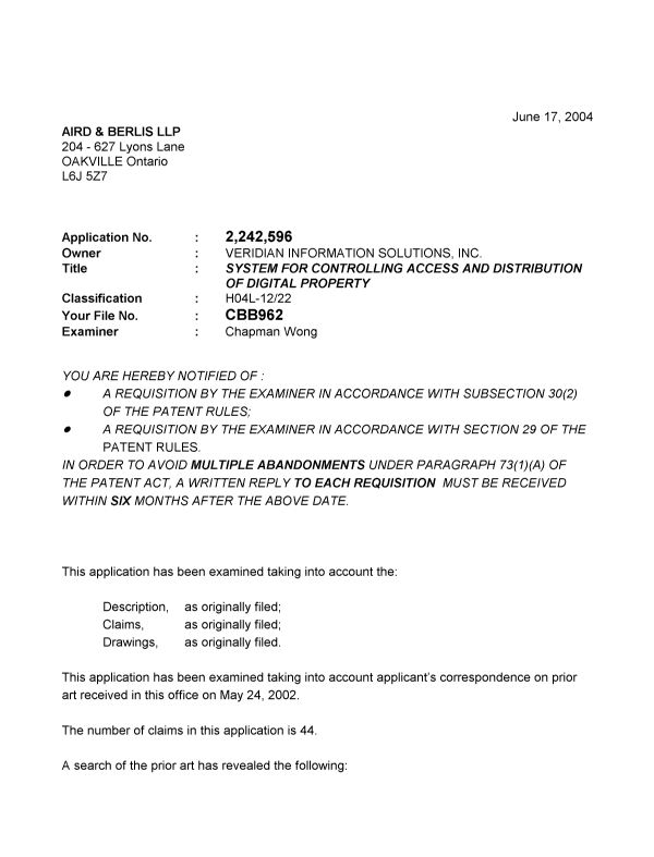 Document de brevet canadien 2242596. Poursuite-Amendment 20040617. Image 1 de 4