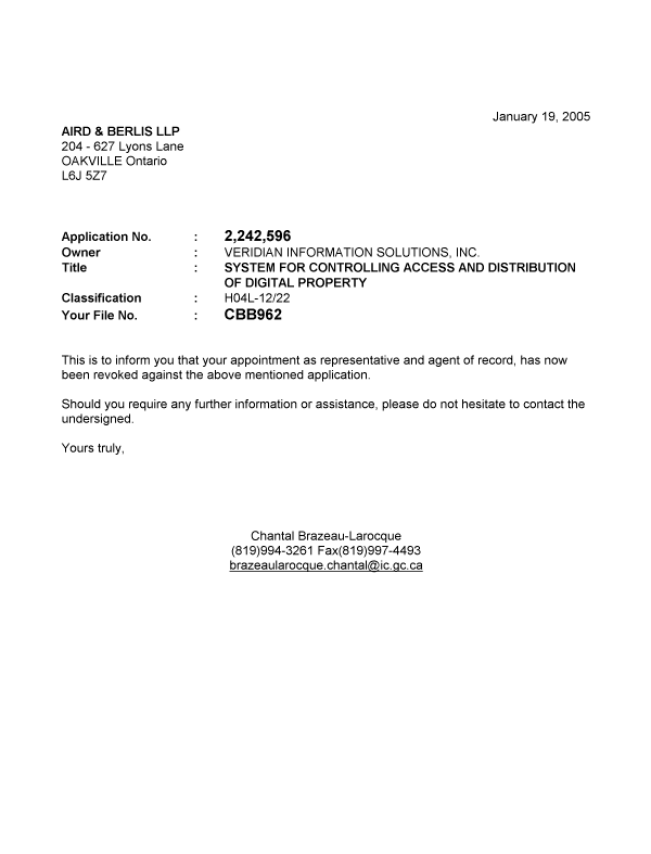 Document de brevet canadien 2242596. Correspondance 20050119. Image 1 de 1