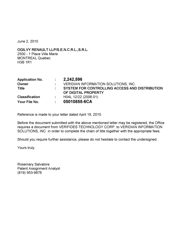 Document de brevet canadien 2242596. Correspondance 20100602. Image 1 de 1