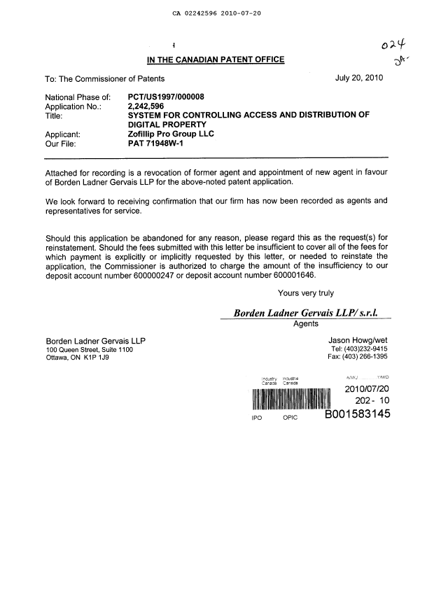 Document de brevet canadien 2242596. Correspondance 20100720. Image 1 de 2