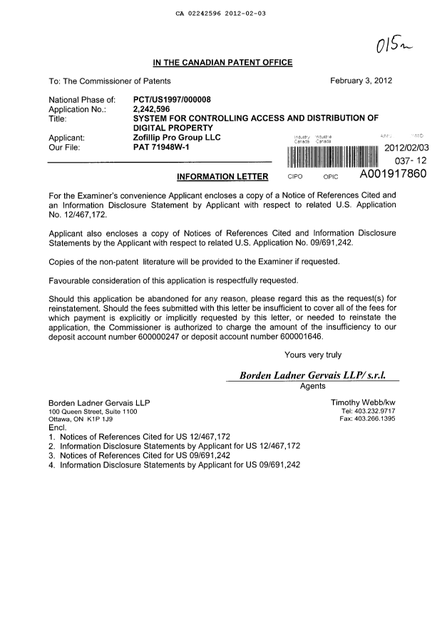 Document de brevet canadien 2242596. Poursuite-Amendment 20120203. Image 1 de 1