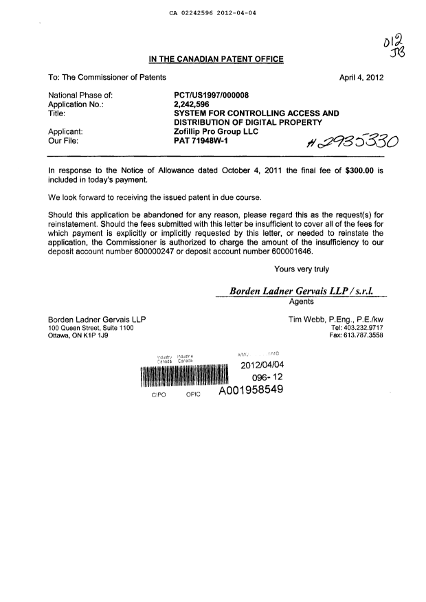 Document de brevet canadien 2242596. Correspondance 20120404. Image 1 de 1