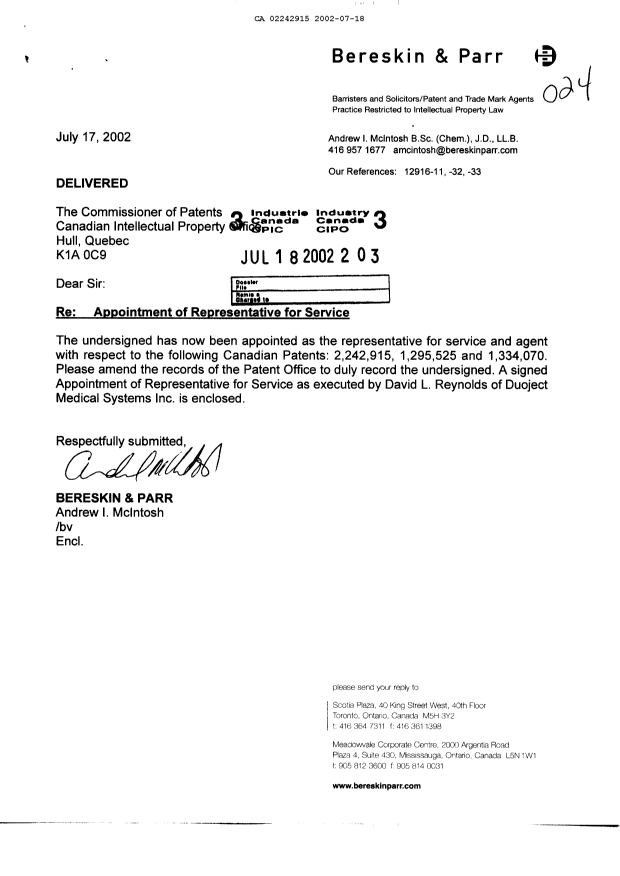Canadian Patent Document 2242915. Correspondence 20011218. Image 1 of 3