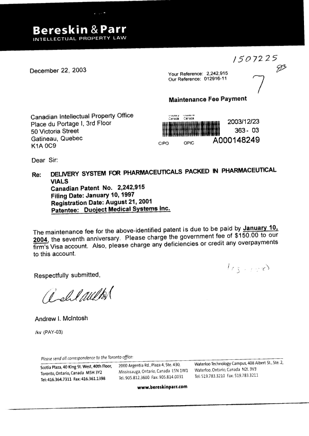 Canadian Patent Document 2242915. Fees 20021223. Image 1 of 1