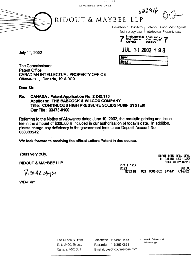Canadian Patent Document 2242916. Correspondence 20020711. Image 1 of 1