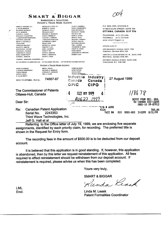 Document de brevet canadien 2243353. Cession 19990827. Image 1 de 6
