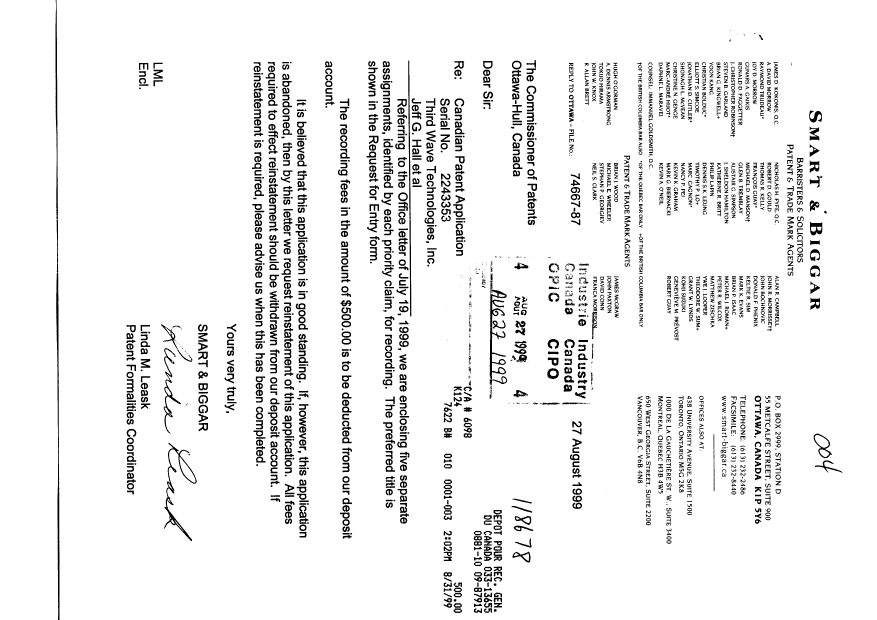 Canadian Patent Document 2243353. Assignment 19990827. Image 1 of 6