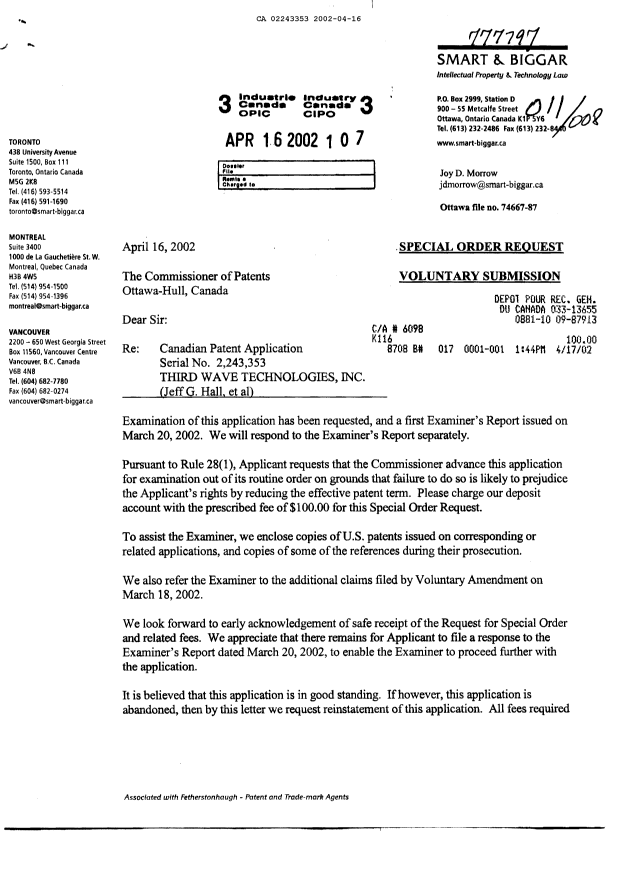 Canadian Patent Document 2243353. Prosecution-Amendment 20020416. Image 1 of 2