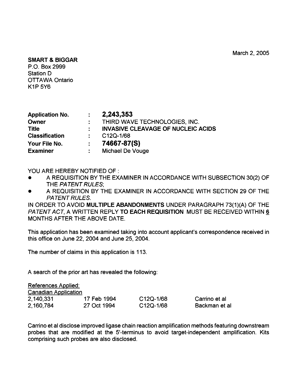 Canadian Patent Document 2243353. Prosecution-Amendment 20050302. Image 1 of 4
