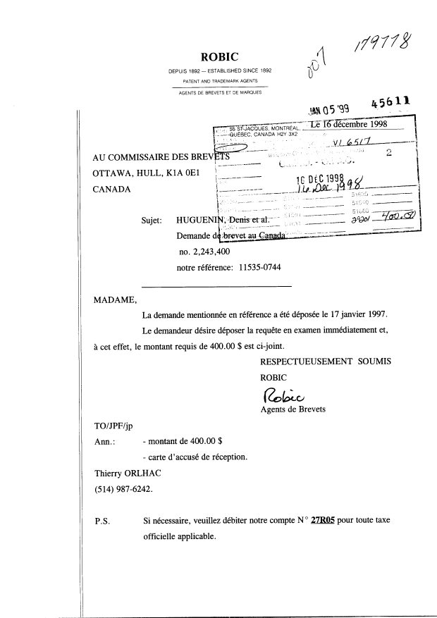Document de brevet canadien 2243400. Poursuite-Amendment 19981216. Image 1 de 1