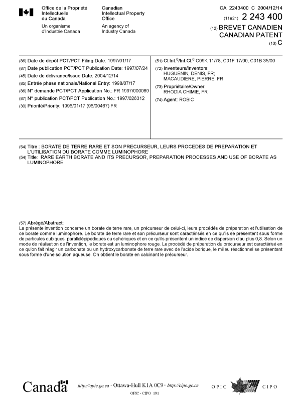 Document de brevet canadien 2243400. Page couverture 20041115. Image 1 de 1