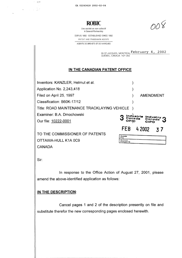 Canadian Patent Document 2243418. Prosecution-Amendment 20020204. Image 1 of 11