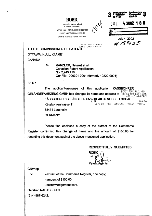 Canadian Patent Document 2243418. Assignment 20020704. Image 1 of 3