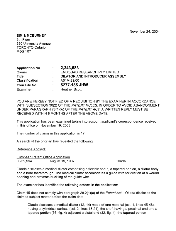Canadian Patent Document 2243583. Prosecution-Amendment 20041124. Image 1 of 2
