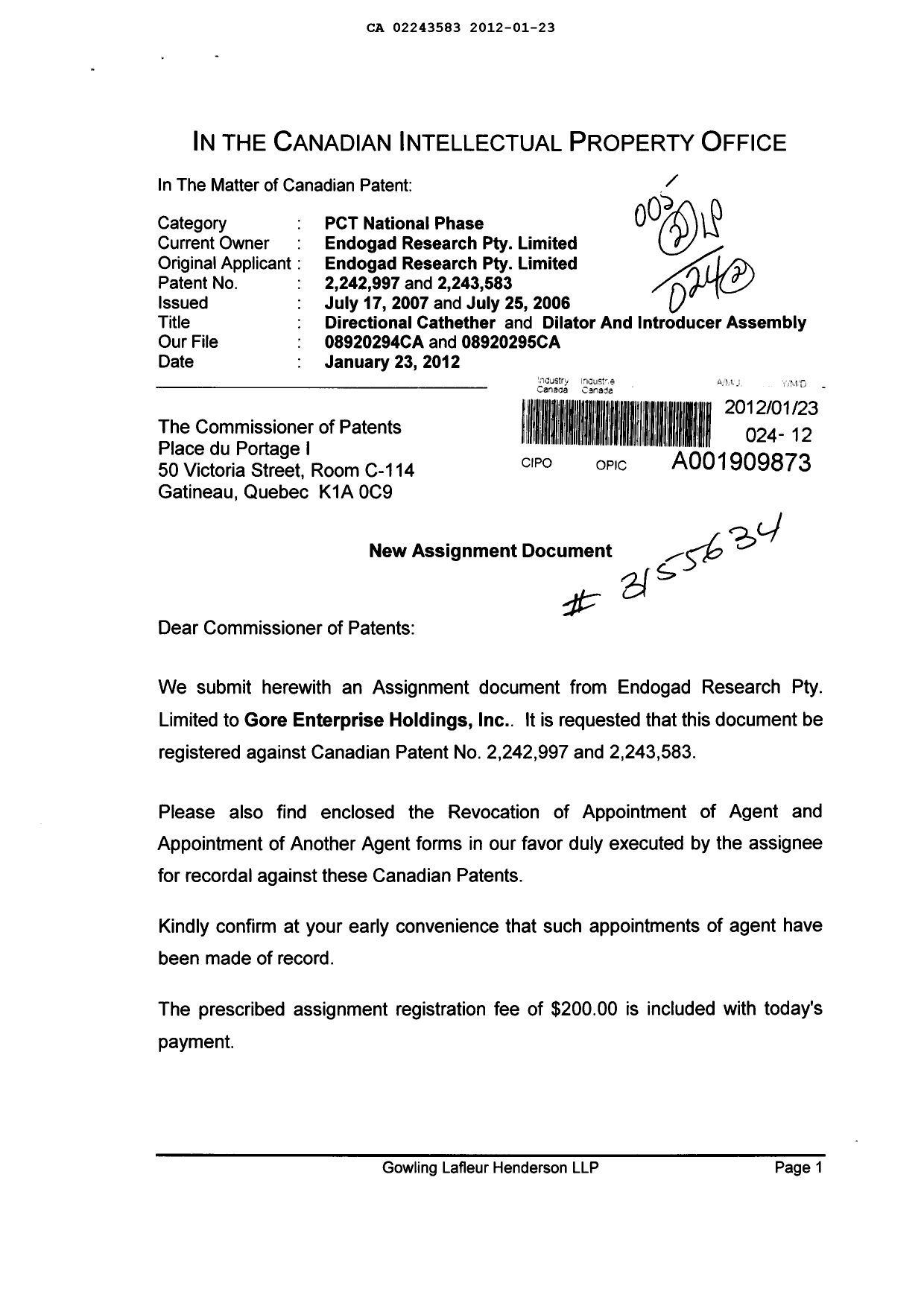 Canadian Patent Document 2243583. Correspondence 20120123. Image 1 of 4