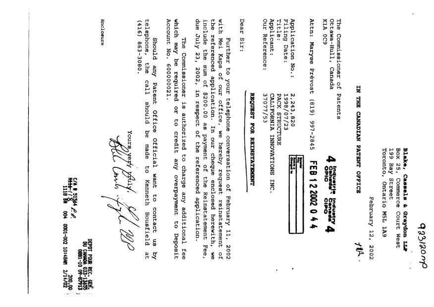 Canadian Patent Document 2243820. Fees 20020212. Image 1 of 1