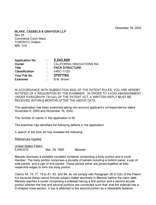Canadian Patent Document 2243820. Prosecution-Amendment 20021218. Image 1 of 2