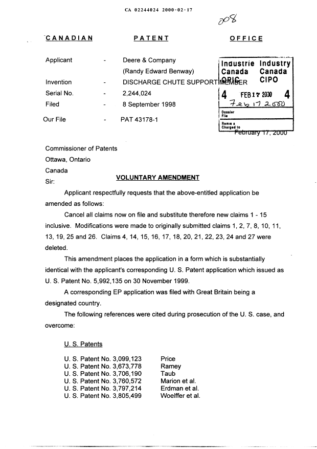 Canadian Patent Document 2244024. Prosecution-Amendment 20000217. Image 1 of 7
