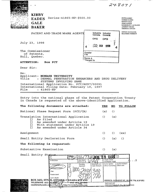 Canadian Patent Document 2244089. Assignment 19980723. Image 1 of 6