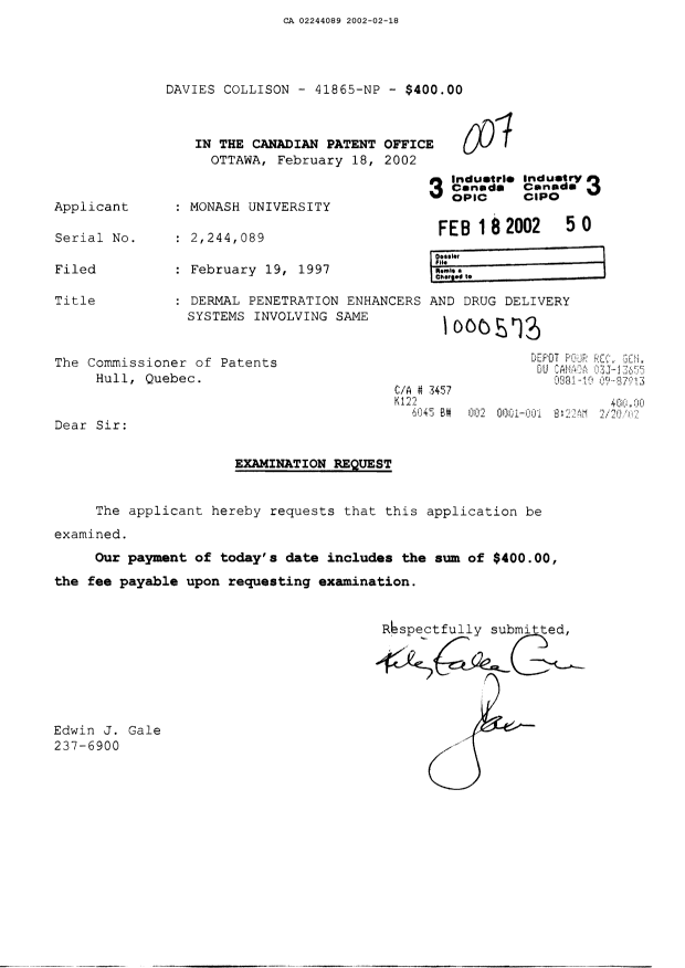 Canadian Patent Document 2244089. Prosecution-Amendment 20020218. Image 1 of 1
